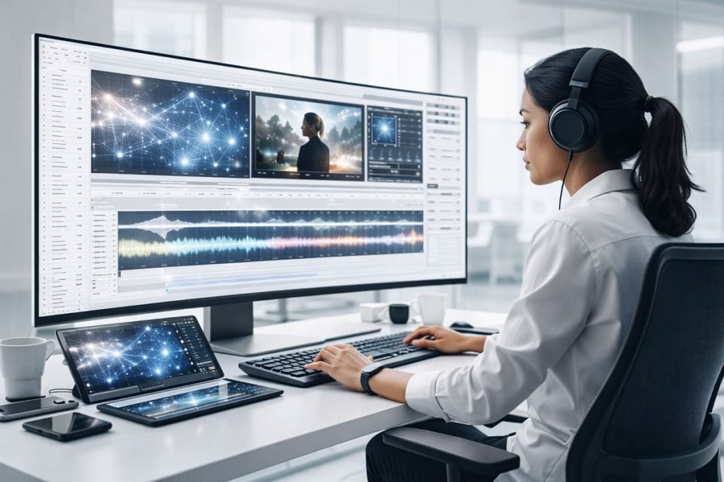 7 AI Video Workflows that will save you 10+ hours a week in 2026 1 Professional video editor working with AI-powered video editing software in a modern, bright workspace