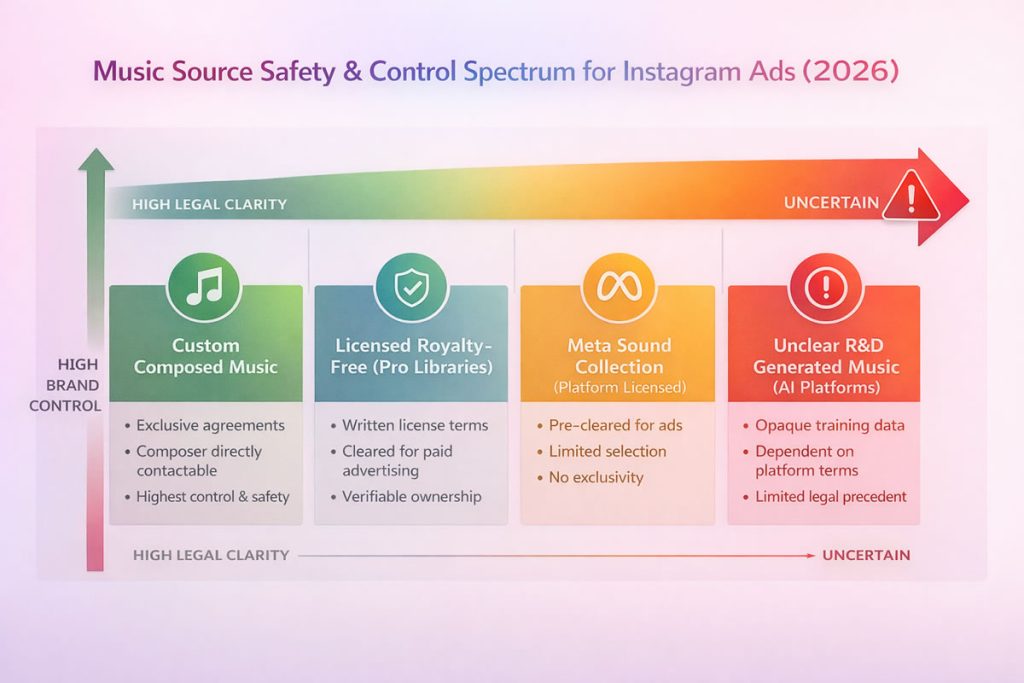 Music source safety spectrum for Instagram ads showing custom composed music, licensed royalty-free, Meta Sound Collection and AI-generated music risk comparison