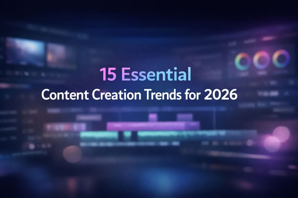 Abstract video editing interface with blurred background and the title “15 Essential Content Creation Trends for 2026” in a modern gradient and white font.