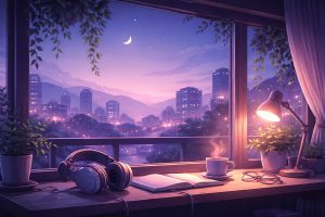 Lo-fi chill beats background music atmosphere with headphones on a desk overlooking a dreamy city skyline at night.