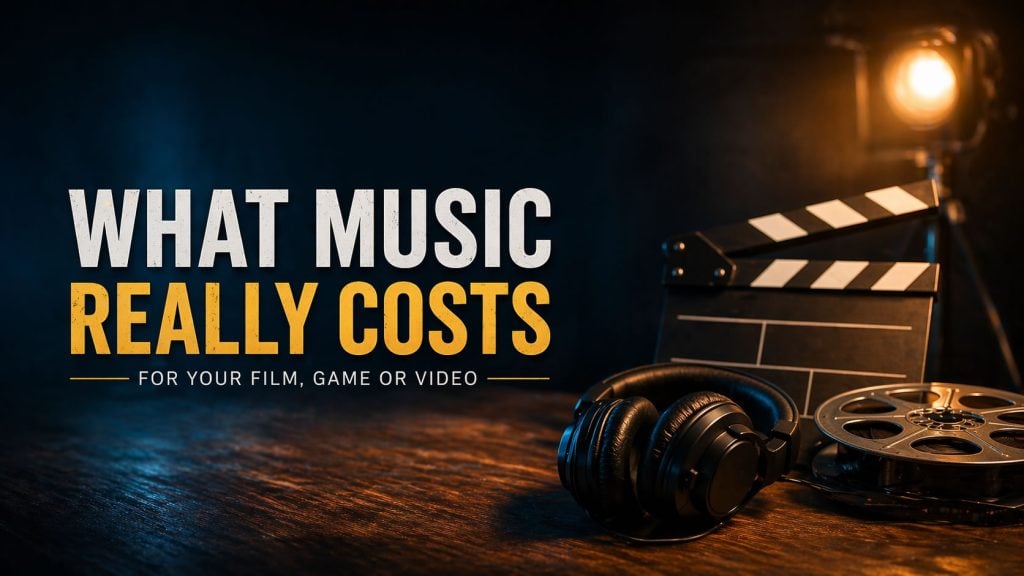 Cinematic studio scene with headphones, clapperboard and film reel representing the cost of music for film, games and video production.